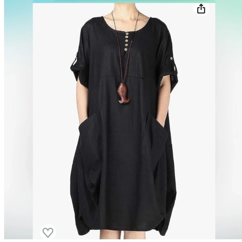 Lagenlook Oversized Linen Blend Black Midi Dress Sz2XL Art Teacher Avant Garde